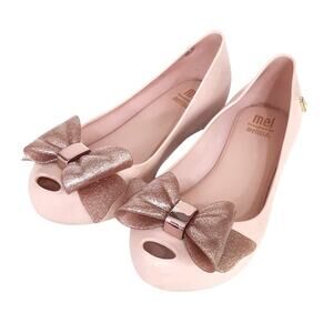 Mini Melissa Girls 12 UltraGel Bow Flats Rose Gold Glitter Ballet Flats Pink